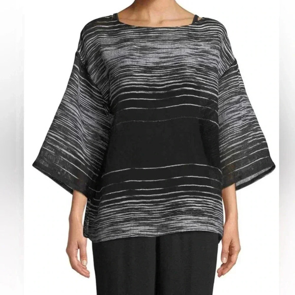Eileen Fisher Half-Sleeve Illusion Mesh Top in Black - Size SMALL /PETITE NWOT - Picture 2 of 3